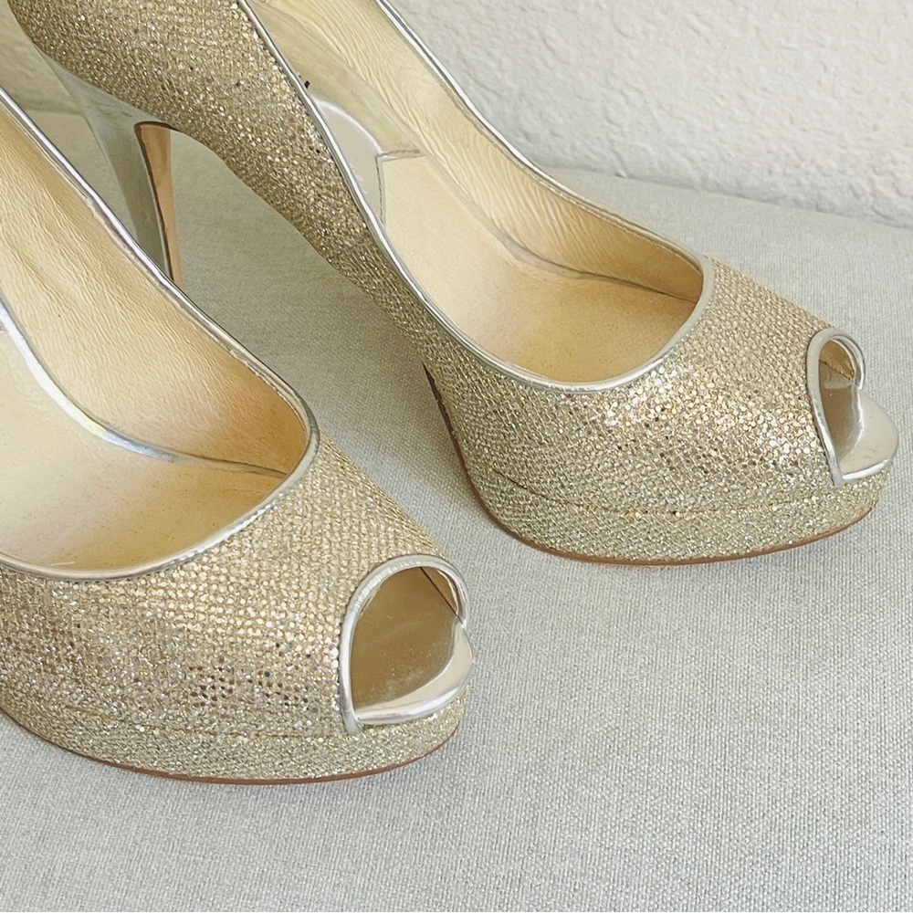 Michael Kors MK Women’s Silver Glitter Peep Toe Heels Shoes Size 7.5M - Picture 7 of 12